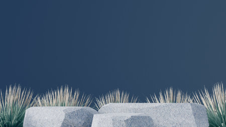 3d stone podium background products display mockup 3d render. scene on white floor, leaf, rock, and navy blue background podium shape nature. stand show cosmetic product.の写真素材