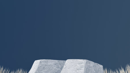 3d stone podium background products display mockup 3d render. scene on white floor, leaf, rock, and navy blue background podium shape nature. stand show cosmetic product.の写真素材