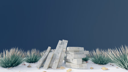 3d stone podium background products display mockup 3d render. scene on white floor, leaf, rock, and navy blue background podium shape nature. stand show cosmetic product.の写真素材