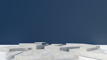3d stone podium background products display mockup 3d render. scene on white floor, leaf, rock, and navy blue background podium shape nature. stand show cosmetic product.の写真素材