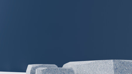3d stone podium background products display mockup 3d render. scene on white floor, leaf, rock, and navy blue background podium shape nature. stand show cosmetic product.の写真素材
