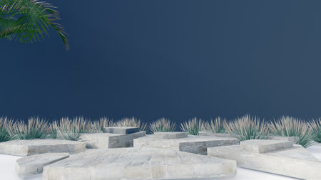 3d stone podium background products display mockup 3d render. scene on white floor, leaf, rock, and navy blue background podium shape nature. stand show cosmetic product.の写真素材