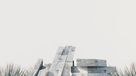 3d stone podium background products display mockup 3d render. scene on white floor, leaf, rock, and white background podium shape nature. stand show cosmetic product.の写真素材