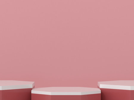 red geometry podium products display minimal mockup 3d render. front view white room, white background podium shape geometric. stand show cosmetic product. Stage showcaseの写真素材