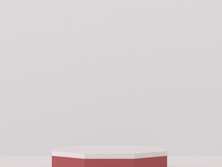 red geometry podium products display minimal mockup 3d render. front view white room, white background podium shape geometric. stand show cosmetic product. Stage showcaseの写真素材