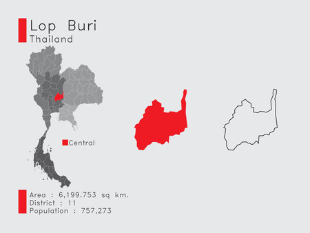 A Set of Infographic Elements for the Province Lop Buri Position in Thailand. and Area District Population and Outline. Vector with Gray Background.のイラスト素材