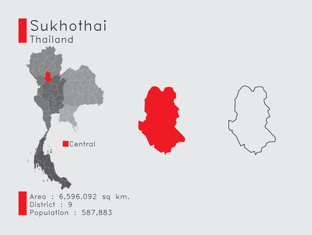 A Set of Infographic Elements for the Province Sukhothai Position in Thailand. and Area District Population and Outline. Vector with Gray Background.のイラスト素材