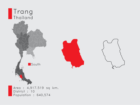 A Set of Infographic Elements for the Province Trang Position in Thailand. and Area District Population and Outline. Vector with Gray Background.のイラスト素材