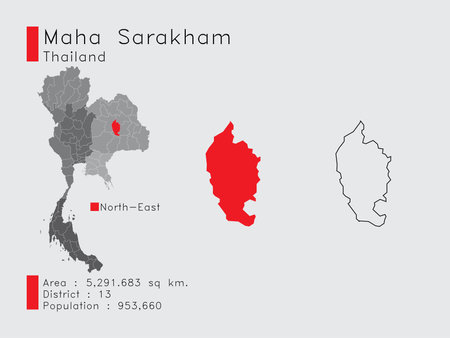 A Set of Infographic Elements for the Province Maha Sarakham Position in Thailand. and Area District Population and Outline. Vector with Gray Background.のイラスト素材