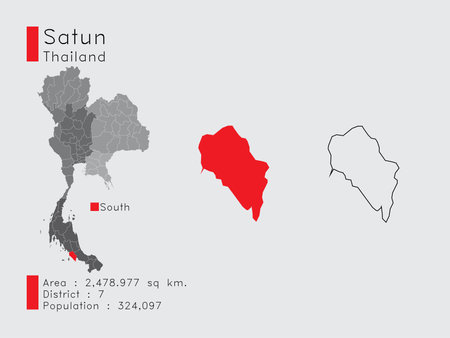 A Set of Infographic Elements for the Province Satun Position in Thailand. and Area District Population and Outline. Vector with Gray Background.のイラスト素材