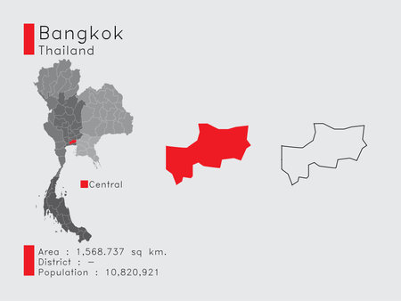A Set of Infographic Elements for the Province Bangkok Position in Thailand. and Area District Population and Outline. Vector with Gray Background.のイラスト素材