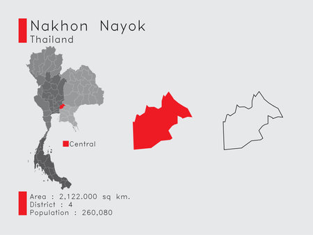 A Set of Infographic Elements for the Province Nakhon Nayok Position in Thailand. and Area District Population and Outline. Vector with Gray Background.のイラスト素材