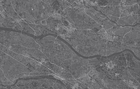 japan city map. vector illustration with black background, white outline, scene with japan city, town, road, street, map urban, location, landmark, transportation. design for printの写真素材