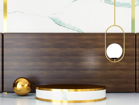 merry christmas pedestal podium concept. scene with christmas object gold color and wood background, white product display 3d render. stand for christmas gift, showcase, cosmetic, podium product.の写真素材