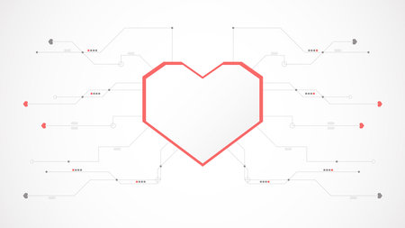 white red heart technology valentine background abstract. technology with line ,digital, heart, dot, hi-tech, valentine concept , vector. heart technological for valentine day, bacのイラスト素材