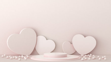 Valentines Day podium abstract. scene with Valentines object and pink background,  red, pink heart product display, luxury 3d render. stand for Valentines gift, showcase, cosmetic,の写真素材