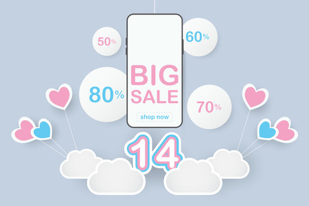 valentine sale promotion mobile phone abstract. big sale discount with percent 80, 70, 60, 50 and pink heart, valentine lovely, white circle vector. design for banner, summer sale,のイラスト素材