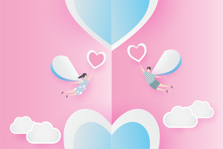 valentine lovely joyful on pink paper background concept. with text love 14 february, boy and girl fly with heart balloon, sky, vector. design for valentine card, gift, poster,のイラスト素材
