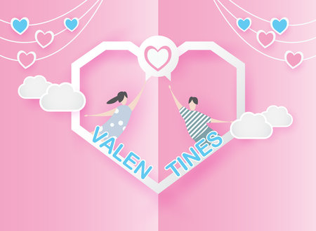 valentine lovely joyful on pink paper background concept. with text love 14 february, boy and girl fly with heart balloon, sky, vector. design for valentine card, gift, poster,のイラスト素材