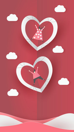 cute love paper art valentine day. with lovely valentine boy and girl fly heart, paper cut on red background, white sky, clouds, origami style vector. paper for valentine card,のイラスト素材