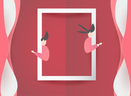 cute love paper art valentine day. with lovely valentine boy and girl fly heart, paper cut on red background, white sky, clouds, origami style vector. paper for valentine card,のイラスト素材