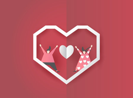 cute love paper art valentine day. with lovely valentine boy and girl fly heart, paper cut on red background, white sky, clouds, origami style vector. paper for valentine card,のイラスト素材