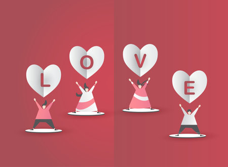 cute love paper art valentine day. with lovely valentine boy and girl fly heart, paper cut on red background, white sky, clouds, origami style vector. paper for valentine card,のイラスト素材