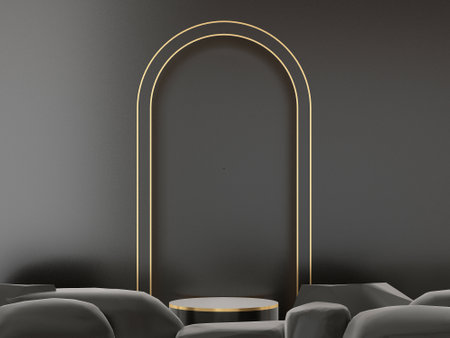 black display podium mockup nature concept. scene with stone, rock, gold object and black background, black product display, luxury 3d render. stand for gift, showcase, cosmetic, podium product.の写真素材
