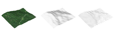 set of isometric map mountain object. isometric mountains contour with real map landscape forest white tone color shadow shape and line terrain, illustration.の写真素材