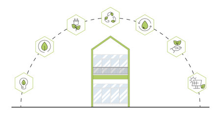 architecture eco sustainable environment concept. home with ecology, sustainability, environmentally, nature outline and green color, vector. architecture for web banner,のイラスト素材