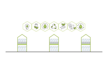 architecture eco sustainable environment concept. home with ecology, sustainability, environmentally, nature outline and green color, vector. architecture for web banner,のイラスト素材
