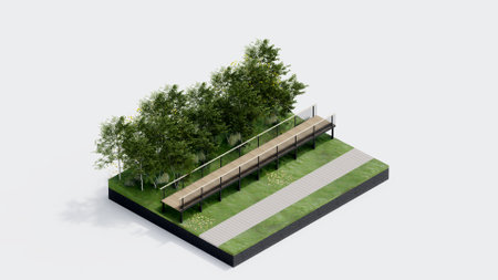 environment isometric park nature. isometric environmental sustainable landscape forest with people rest, 3d render illustration. environment with tree, grass leaf, river, footpathの写真素材