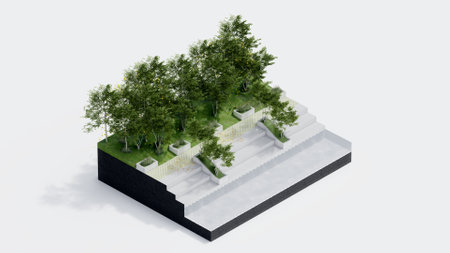 environment isometric park nature. isometric environmental sustainable landscape forest with people rest, 3d render illustration. environment with tree, grass leaf, river, footpathの写真素材