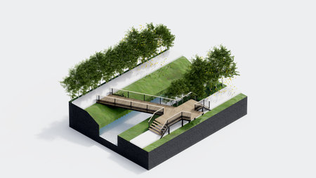 environment isometric park nature. isometric environmental sustainable landscape forest with people rest, 3d render illustration. environment with tree, grass leaf, river, footpathの写真素材