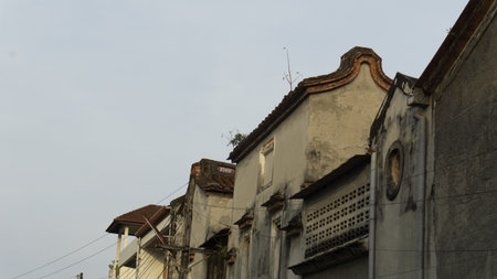 architecture house style sino portuguese old town. architecture building font view, house photo on white sky, vector. architecture for house design, home, element, object, poster.の写真素材