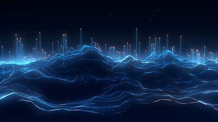 abstract illustration of wireframe landscape with glowing particles and waves generative Ai.