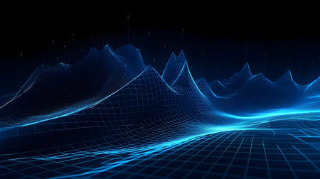 abstract digital wireframe landscape with glowing particles on dark background generative Ai.
