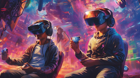 Stylish young wearing virtual reality goggles while standing against futuristic cityscape generative...