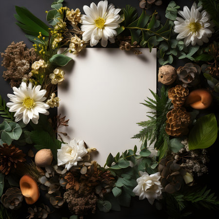 plants flowers with mockup paper card note Flat lay Nature concept top view generative AI. empty color background minimal stationery invitation business frame desk greeting space nature.の写真素材