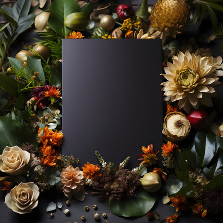 plants flowers with mockup paper card note Flat lay Nature concept top view generative AI. empty color background minimal stationery invitation business frame desk greeting space nature.の写真素材