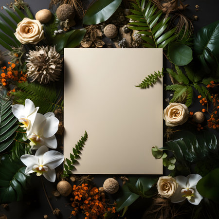 plants flowers with mockup paper card note Flat lay Nature concept top view generative AI. empty color background minimal stationery invitation business frame desk greeting space nature.の写真素材