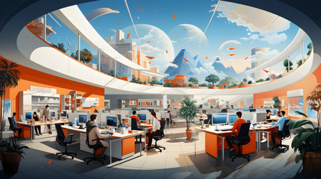 business office interior workplace people working and communicating flat design illustration generative AI. person businessman and women workspace corporate teamwork job concept with technology.の写真素材