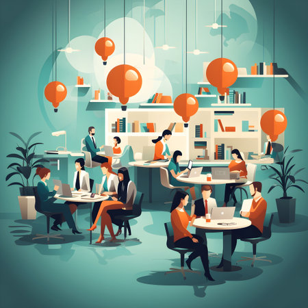 business office interior workplace people working and communicating flat design illustration generative AI. person businessman and women workspace corporate teamwork job concept with technology.の写真素材