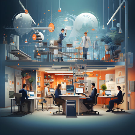 business office interior workplace people working and communicating flat design illustration generative AI. person businessman and women workspace corporate teamwork job concept with technology.の写真素材