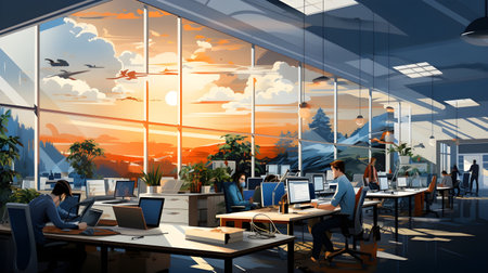 business office interior workplace people working and communicating flat design illustration generative AI. person businessman and women workspace corporate teamwork job concept with technology.の写真素材