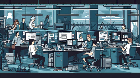 business office interior workplace people working and communicating flat design illustration generative AI. person businessman and women workspace corporate teamwork job concept with technology.の写真素材