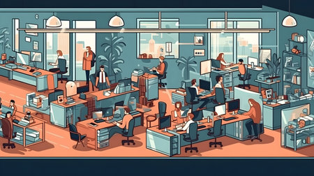 business office interior workplace people working and communicating flat design illustration generative AI. person businessman and women workspace corporate teamwork job concept with technology.の写真素材