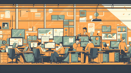 business office interior workplace people working and communicating flat design illustration generative AI. person businessman and women workspace corporate teamwork job concept with technology.の写真素材