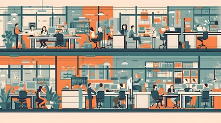 business office interior workplace people working and communicating flat design illustration generative AI. person businessman and women workspace corporate teamwork job concept with technology.の写真素材