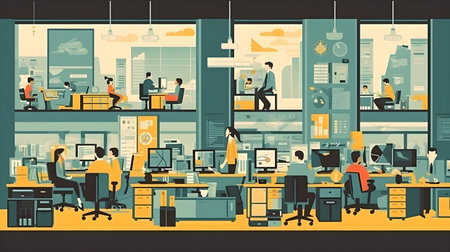 business office interior workplace people working and communicating flat design illustration generative AI. person businessman and women workspace corporate teamwork job concept with technology.の写真素材